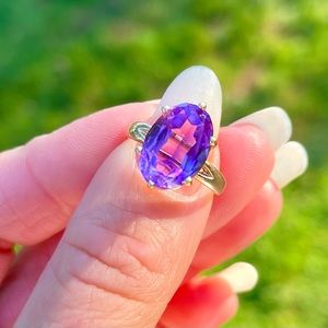 🔮 Vtg Estate Solid 14k Princess Cocktail Ring Yellow Gold Purple Stone Oval 6.5